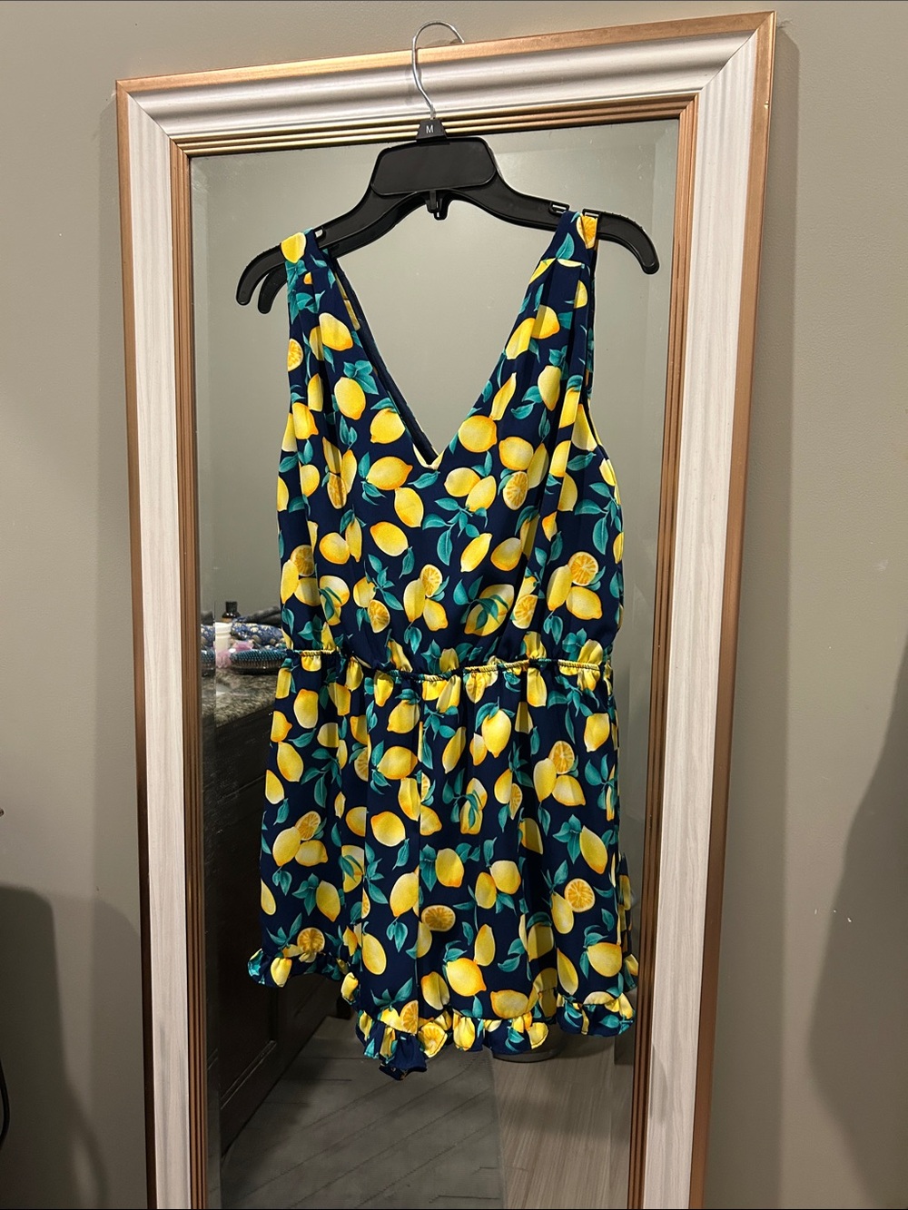 Francesca's Collections Navy Lemon Print Romper